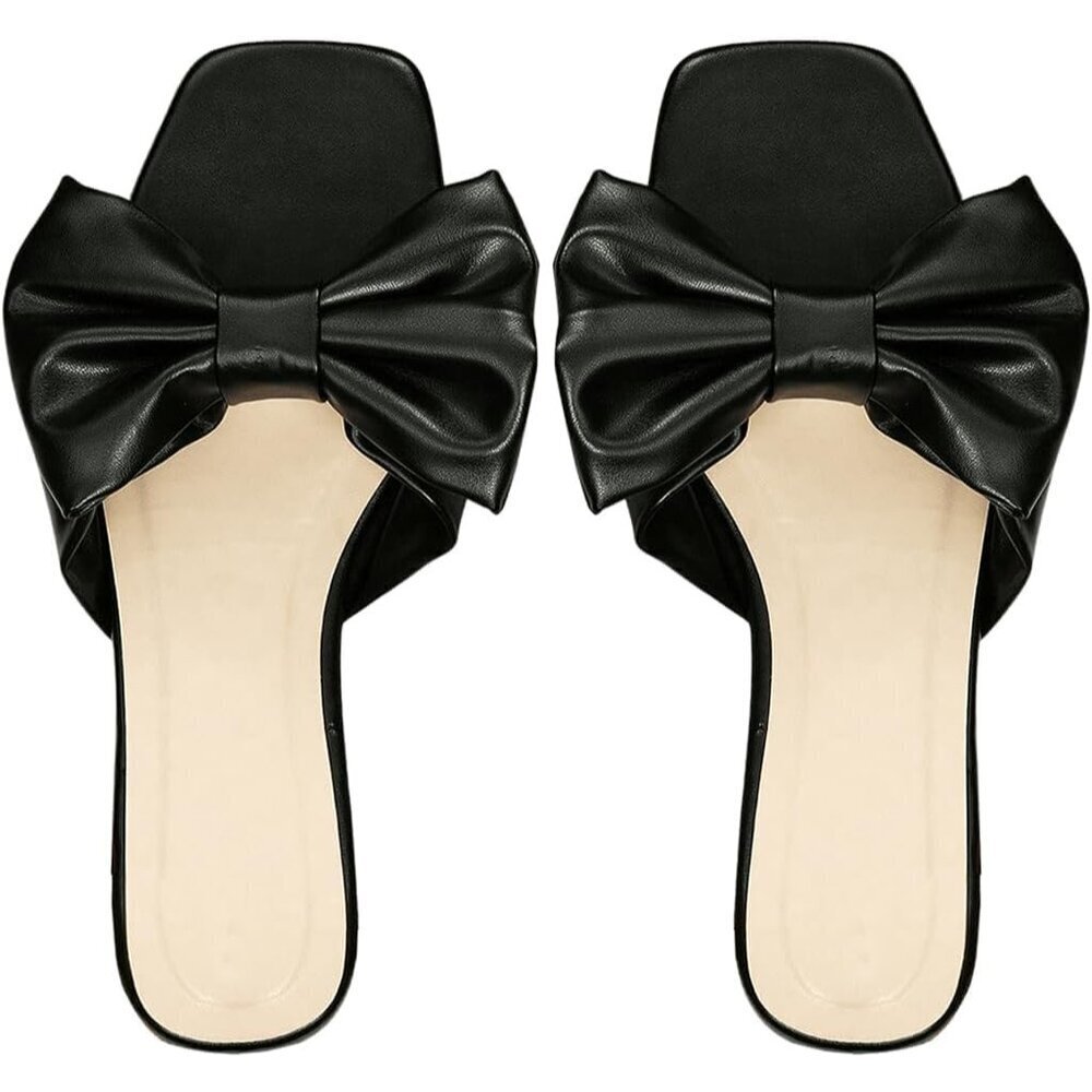 Women's Bow Black Square Open Toe Breathable Slip On Slide Sandals Flat Shoes